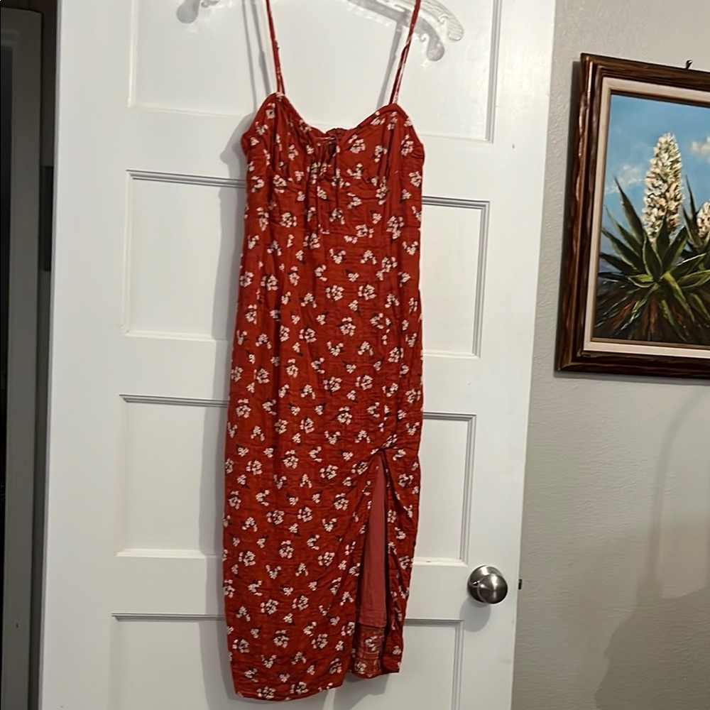 Floral Orange Midi Dress with Slit
